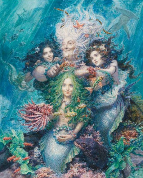 Bunte Illustration von vier Meerjungfrauen unter Wasser